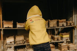 A beekeeper in yellow protective clothing tends to wooden beehives outdoors.