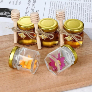 Mini Glass Honey Jar Set | 1.5 oz Hexagonal Favor Jars with Wooden Dippers